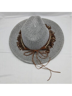 Homemade Hat Womens Adjustable Gray Straw Beaded Feather Boho Wide Brim Festival